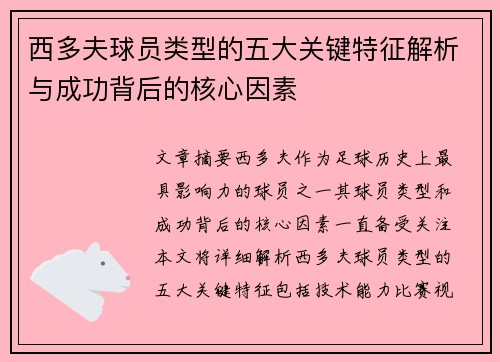 西多夫球员类型的五大关键特征解析与成功背后的核心因素